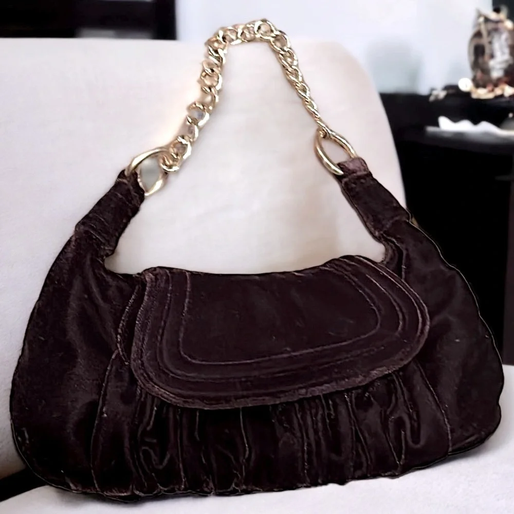 Ann Taylor LOFT dark chocolate Brown velvet east west bag gold chain handle